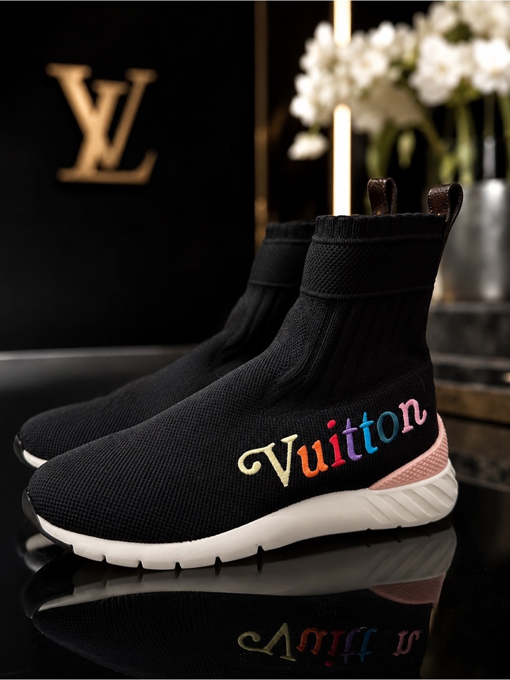 Authentic Louis Vuitton Black Knit Sock Sneakers w/Multicolor Logo and Pink Heel